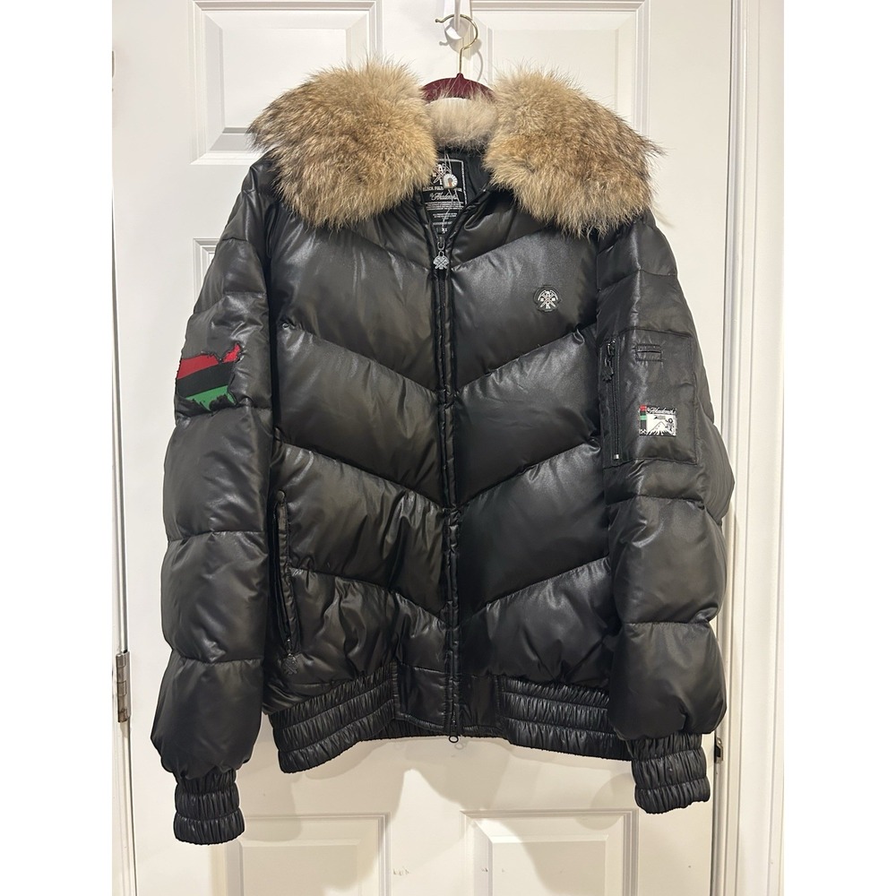 NWOT Vintage Akademiks Black Polar Explorer V-Bomber Down Jacket Coyote Fur XL